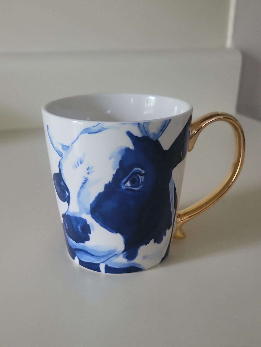 Blue Cow Porcelain Mug with Gold Handle